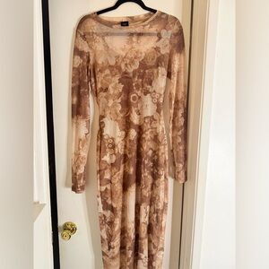 Floral Mesh Long Sleeve Dress Brown